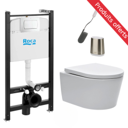 Pack WC Bâti-support Duofix + WC sans bride SAT + Abattant softclose + Plaque blanche + Brosse de toilette grise