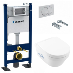 Pack WC Bâti-support Duofix + Cuvette suspendue sans brides + Abattant frein de chute + Plaque blanche + 2 Pieds support Geberit