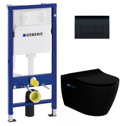 Pack WC Bâti-support Duofix + WC sans bride Taormina noir mat + Abattant frein de chute + Plaque noire (BlackTaorminaGeb-7)