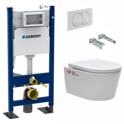 Pack WC Bâti-support Duofix + Cuvette suspendue sans brides + Abattant frein de chute + Plaque blanche + 2 Pieds support Geberit