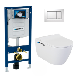Pack WC Bâti-support UP320 + WC sans bride Bello + Abattant softclose + Plaque blanche (GebBello-K)