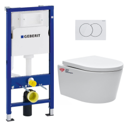 Geberit Pack WC bâti-support Geberit + cuvette suspendue Swiss Aqua Technologies sans bride + plaque (SATRIMLESSGEB1-DE)