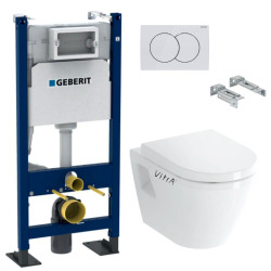 Pack Autoportant Bati-support Geberit Duofix + WC suspendu Vitra Integra avec Abattant + Plaque blanche ( Vitra IntegraClassicGe