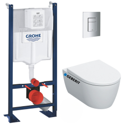 Pack WC Bâti-support Rapid SL autoportant + WC sans bride Geberit, fixations invisibles + abattant softclose + Plaque Chrome