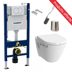 Pack WC Bâti-support Duofix + WC sans bride SAT + Abattant softclose + Plaque blanche + Brosse de toilette grise
