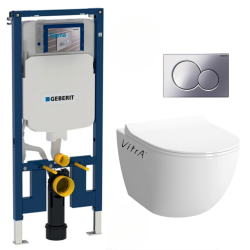 Geberit Pack WC Bâti-support extra-plat + WC Sento sans bride + Abattant softclose + Plaque blanche  (SLIM-Sentorimless-C)