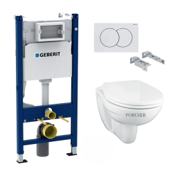 Pack WC Bâti Duofix + Cuvette suspendue Porcher sans bride + Abattant Ideal Standard ASTOR + Plaque blanche (PorcherGeb3)