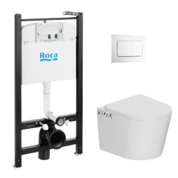 Pack WC Bâti Duofix + Cuvette suspendue Vitra S50 avec bride + Abattant soft close + Plaque blanche (S50Geb3)