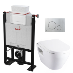 Pack WC Bâti autoportant avec Cuvette Serel SM10 + abattant softclose + Plaque chrome mat (Alca85SM10-5)