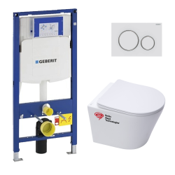 Pack WC Bati-support + Cuvette SAT sans bride + Abattant soft close + Plaque blanche (GebSATrimless-J)