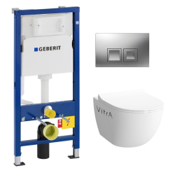 Pack WC GEBERIT DuofixBasic + VITRA Cuvette sans bride SENTO avec abattant softclose + Plaque de commande Delta 50 chrome