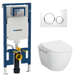 Pack bâti-support Geberit extra-plat UP720 + WC sans bride Vitra S60 + Abattant SoftClose + Plaque blanche (SLIM-S60-C)