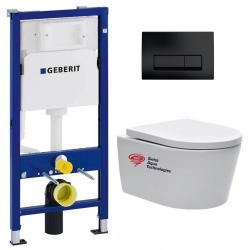 Geberit Pack WC Bâti-support Geberit + cuvette Swiss Aqua Technologies suspendue sans bride + plaque noir mat (SATRIMLESSGEB10-SP)