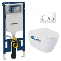 Geberit Pack WC Bati-support Geberit Duofix UP720 extra-plat + WC sans bride Livea Bello + Abattant softclose + Plaque blanche