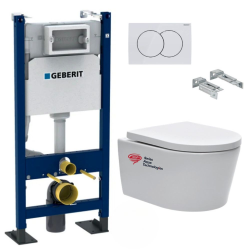 Pack WC Bâti-support Duofix + Cuvette suspendue sans brides + Abattant frein de chute + Plaque blanche + 2 Pieds support Geberit