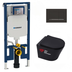Pack WC Bâti-support + Cuvette suspendue SAT Infinitio sans bride noire mat + Abattant frein de chute + Plaque noire mat/chrome