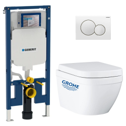 Pack WC Bâti-support Geberit Duofix + WC sans bride Grohe Euro Ceramic + Abattant + Plaque blanche (EUROCTGEB3)