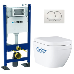 Pack WC Bâti-support Geberit Duofix + WC sans bride Grohe Euro Ceramic + Abattant + Plaque blanche (EUROCTGEB3)