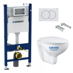 Pack WC Bâti Duofix + Cuvette suspendue Grohe Bau Ceramic + Abattant déclipsable + Plaque blanche (BauGeb3)