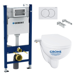 Pack WC Bâti Duofix + Cuvette suspendue Grohe Bau Ceramic + Abattant déclipsable + Plaque blanche (BauGeb3)