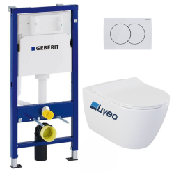 Geberit Pack WC Bati-support Geberit UP100 + WC sans bride Livea Bello + Abattant softclose + Plaque Blanc alpin ( Livea BelloGeb1)