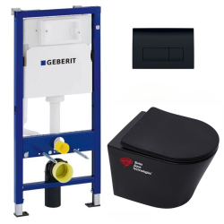 Geberit Pack WC Bati-support Geberit + WC sans bride Swiss Aqua Technologies + Abattant frein de chute + plaque Delta 50 noire mat