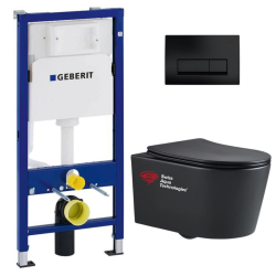 Geberit Pack WC Bati-support Geberit + WC Swiss Aqua Technologies sans bride + abattant SoftClose + plaque noire mat (BLSATGEB10SP)