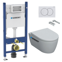 Pack WC Bâti-support Duofix + Cuvette suspendue sans brides + Abattant frein de chute + Plaque blanche + 2 Pieds support Geberit
