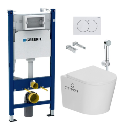 Pack WC bâti-support Duofix 112cm + WC sans bride + support de douche mural + plaque blanche (CETORGEB3SPR2VP)