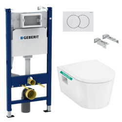 Pack WC Bâti Duofix + Cuvette suspendue Vitra S50 avec bride + Abattant soft close + Plaque blanche (S50Geb3)