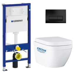 Pack WC Bâti-support Geberit Duofix + WC sans bride Grohe Euro Ceramic + Abattant + Plaque blanche (EUROCTGEB3)
