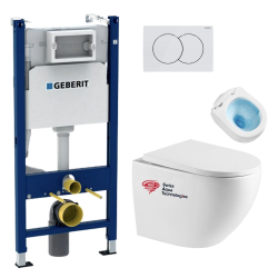 Geberit Pack WC Bati-support Geberit Duofix + WC sans bride Swiss Aqua Technologies + Plaque de commande Delta01 Blanche (FusionTQGeb3)