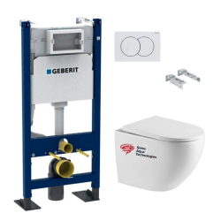 Geberit Pack Bati-support Geberit Duofix + WC sans bride Swiss Aqua Technologies + Plaque de commande Delta01 Blanche (FusionTQGebX)
