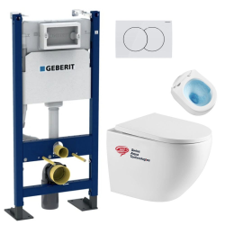 Geberit + Swiss Aqua Technologies Pack WC Bâti autoportant Geberit + WC sans bride Swiss Aqua Technologies + Abattant softclose + Plaque