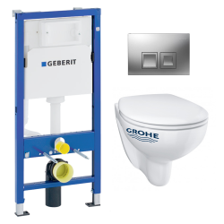Pack bâti-support UP100 + Plaque Delta50 chrome + Cuvette Grohe BauClassic suspendue sans bride (BauClassicGeb2)