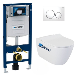 Geberit Pack Bati-support Geberit UP320 + WC sans bride Livea Bello + Abattant softclose + Plaque blanc chrome (GebBello-C)