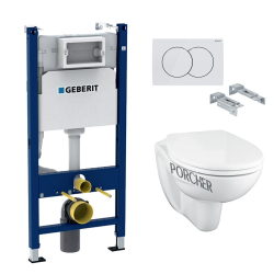 Pack WC Bâti Duofix + Cuvette suspendue Porcher sans bride + Abattant Ideal Standard ASTOR + Plaque blanche (PorcherGeb3)