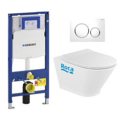 Pack WC Bâti-support avec Cuvette Roca The Gap fixations invisibles + Abattant  + Plaque blanc chromé (GebGapRimless-A)