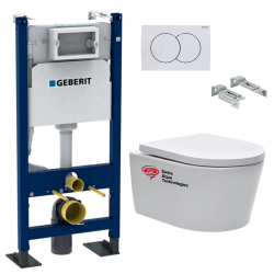 Pack WC Bâti-support Duofix + Cuvette suspendue sans brides + Abattant frein de chute + Plaque blanche + 2 Pieds support Geberit