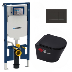 Pack WC Bâti-support + Cuvette suspendue SAT Infinitio sans bride noire mat + Abattant frein de chute + Plaque noire mat/chrome