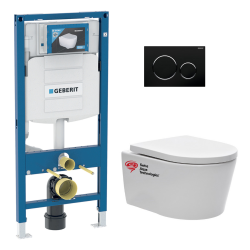 Pack WC Bâti-support avec Cuvette SAT rimless fixations invisibles + Abattant softclose + Plaque noir (GebSatrimless-D)