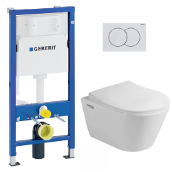Pack WC Bâti-support autoportant + WC suspendu SAPHO Avva sans bride + Abattant softclose + Plaque blanche (AvvaGebATP-1)