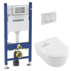 Geberit Pack WC Bâti support + WC Villeroy & Boch Arceauslim sans bride + abattant SoftClose + Plaque Blanche (ArceauSlimGeb3)