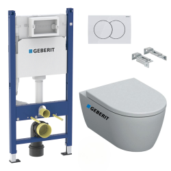 Pack WC Bâti-support Duofix + Cuvette suspendue sans brides + Abattant frein de chute + Plaque blanche + 2 Pieds support Geberit