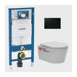 Pack WC Bâti-support avec Cuvette SAT rimless fixations invisibles + Abattant softclose + Plaque noir foncé (GebSatrimless-A)