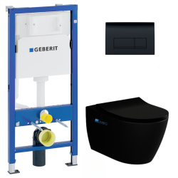 Pack WC Bâti-support Duofix + WC sans bride Taormina noir mat + Abattant frein de chute + Plaque noire (BlackTaorminaGeb-7)