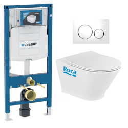 Pack WC Bâti-support avec Cuvette Roca The Gap fixations invisibles + Abattant  + Plaque blanc chromé (GebGapRimless-A)