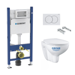 Pack WC Bâti Duofix + Cuvette suspendue Grohe Bau Ceramic + Abattant déclipsable + Plaque blanche (BauGeb3)