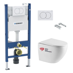 Geberit Pack Bati-support Geberit Duofix + WC sans bride Swiss Aqua Technologies + Plaque de commande Delta01 Blanche (FusionTQGebX)