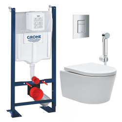Pack WC Bâti Autoportant Rapid SL + WC sans bride SAT + Abattant softclose + Robinet d'arrêt + Douchette bidet + Plaque chrome
